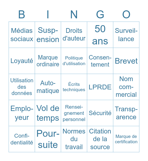 Le bingo des lois et règlement Bingo Card