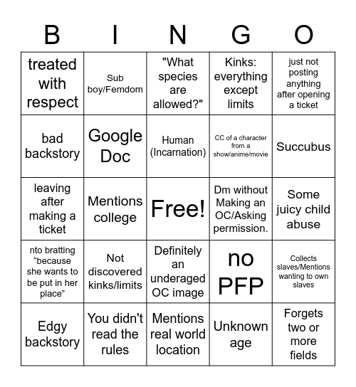 OC/Unapproved bingo Card