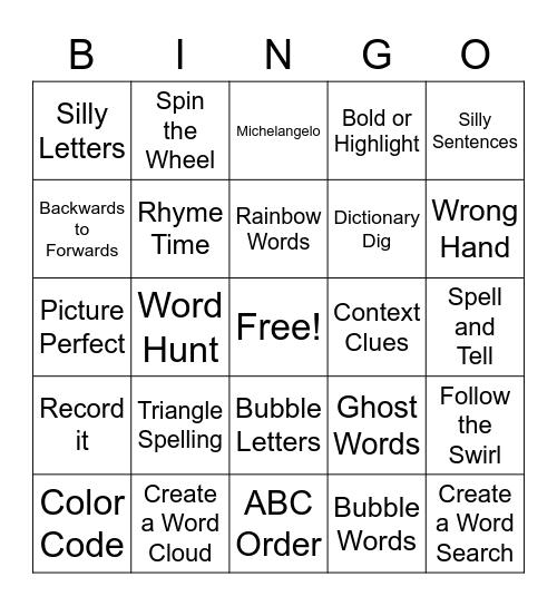 Spelling Word Choices Bingo Card