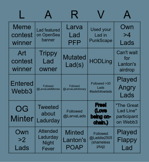 Larva Lads Bingo Card