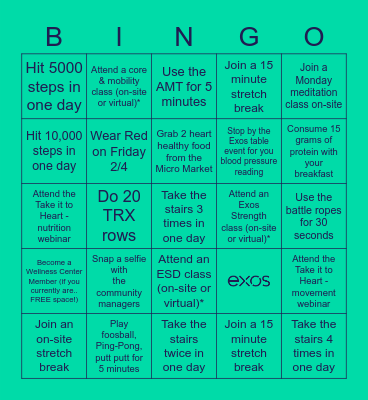 Exos Heart Health On-Site Bingo Card