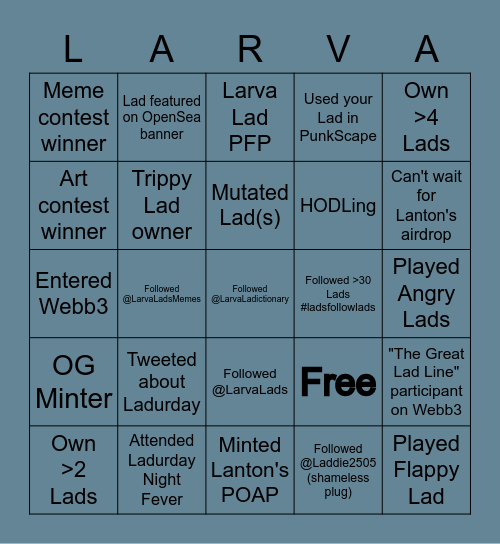 Larva Lads Bingo Card