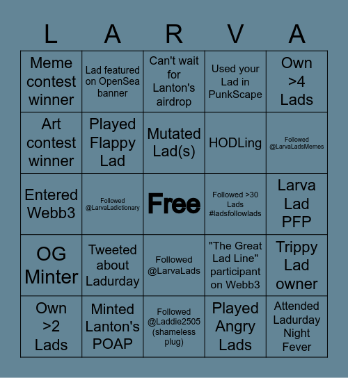 Larva Lads Bingo Card