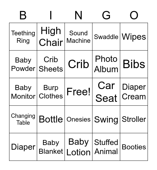 Baby Item Bingo Card