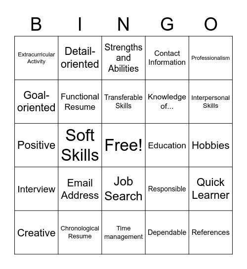 Resume Bingo Card