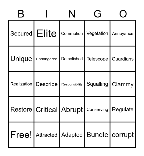 Vocabulary Bingo! Bingo Card