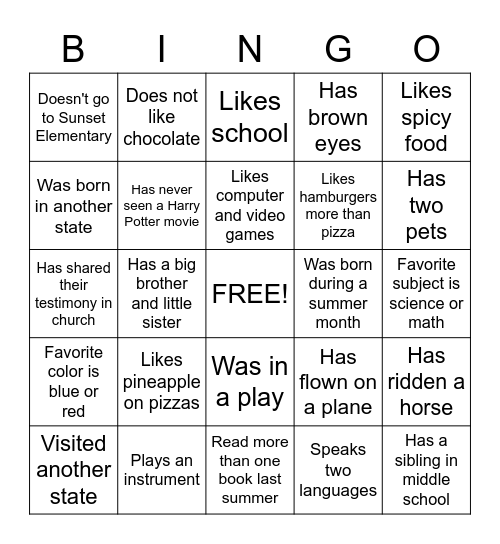 Getting to Know You Bingo Card