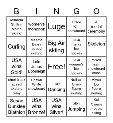 2022 Olympic Bingo Card