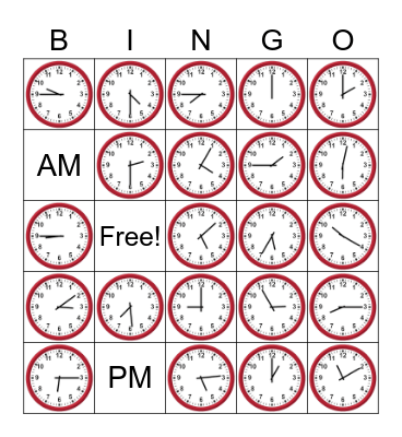 Telling Time on An Analog Clock Bingo Card