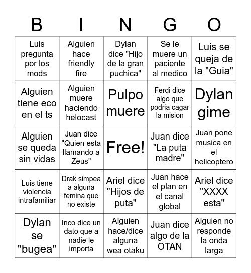 Bingo NANK Bingo Card