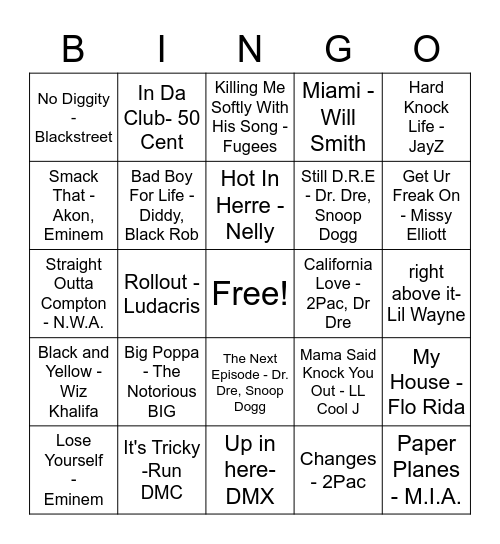 Hip Hop Bingo Card