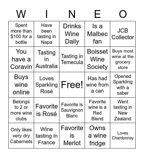 Wine Tasting Fun Bingo Card