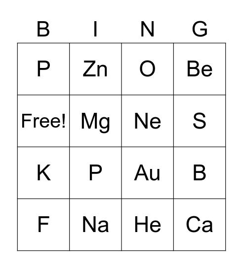 Periodic Table Bingo Card