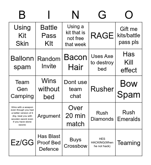 Bedwars Bingo Card