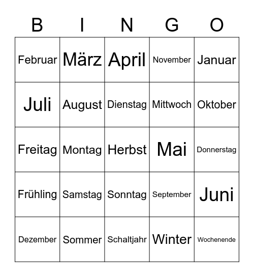 Jahreszeiten, Monate, Tage Bingo Card