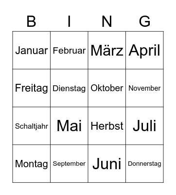 Jahreszeiten, Monate, Tage Bingo Card