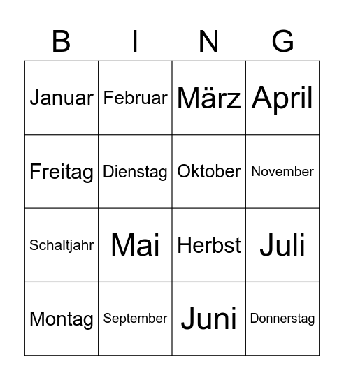 Jahreszeiten, Monate, Tage Bingo Card