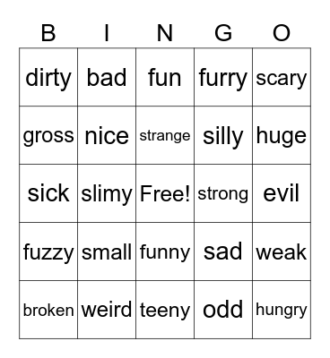 Funny Adjectives Bingo Card