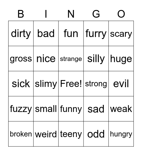 Funny Adjectives Bingo Card
