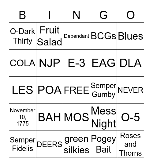 Marine Corps Bingo Card