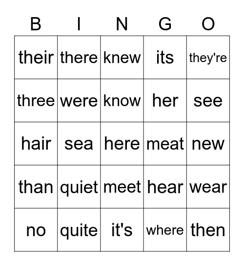 Confusing words 1A Bingo Card
