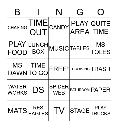 THINGS ASSOCIATED WITH RES DAYCARE Bingo Card