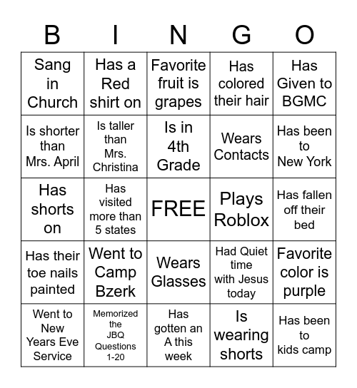 Church Bingo Card