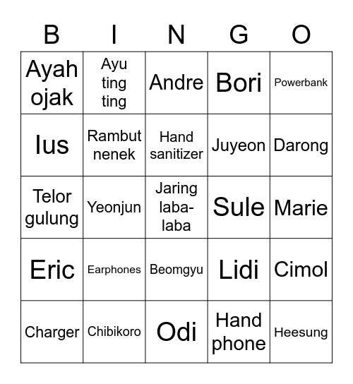 yj Bingo Card