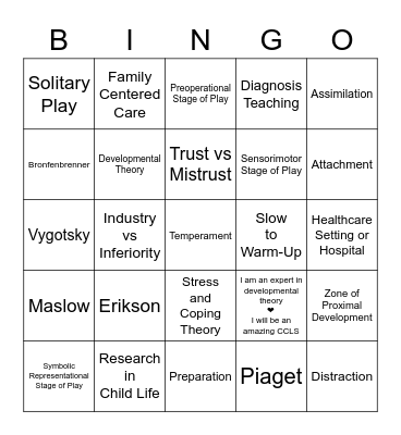 Child Life: Developmental Theory Bingo Card