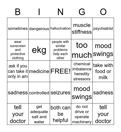 medication Bingo Card
