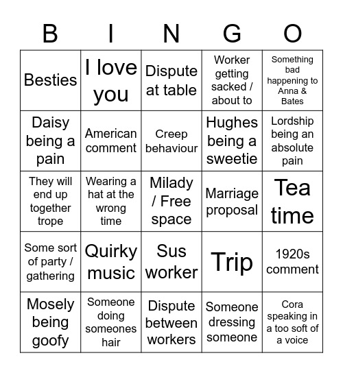 Downton Abbey Bingo Card