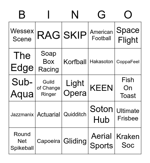 Club and Society Bingo Card