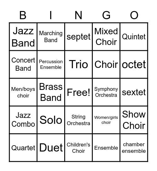 Music Ensemble Bingo Card