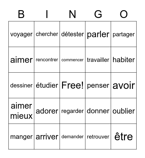 French Ch. 2 Verbs Bingo Card