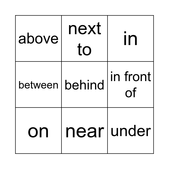 Prepositions Bingo Card