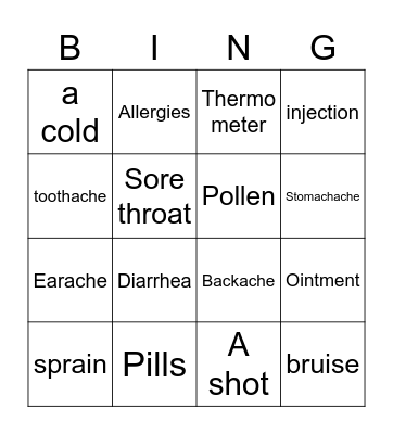 Aches and pains Bingo Card