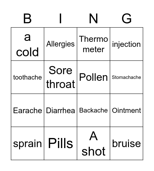 Aches and pains Bingo Card