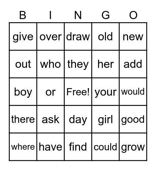 Max & Noah - Sight Words Bingo Card
