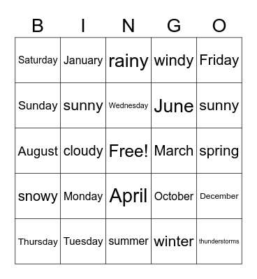 Weather/ Months/ Days Bingo Card