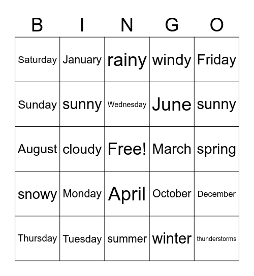 Weather/ Months/ Days Bingo Card