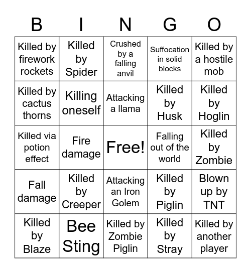 Dumb Ways to Die Bingo Card