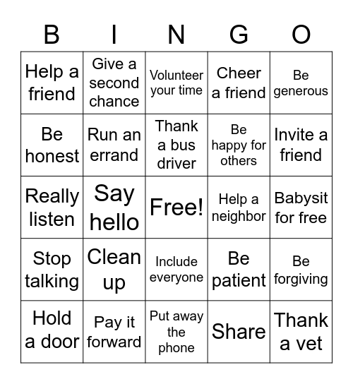 Kindness Bingo Card