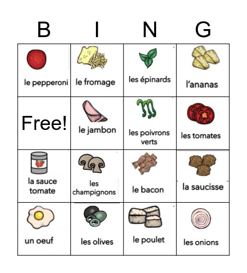 les ingrédients Bingo Card