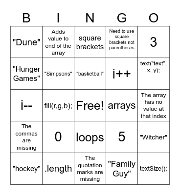 Arrays Bingo Card