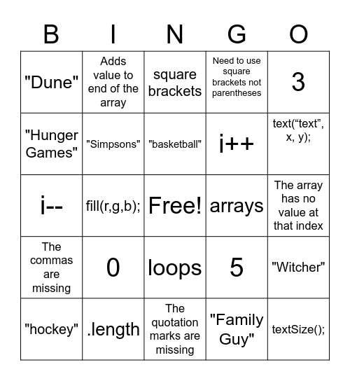 Arrays Bingo Card
