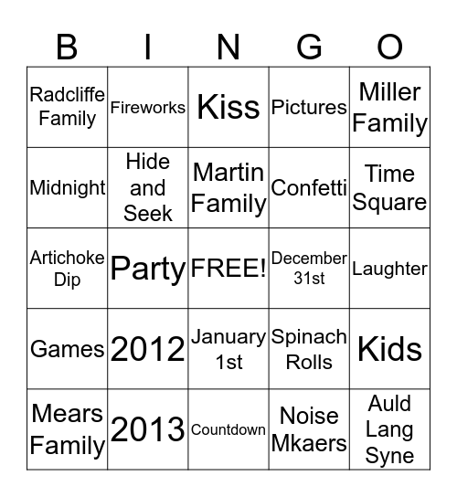 New Years Eve Bingo: 2013 Bingo Card