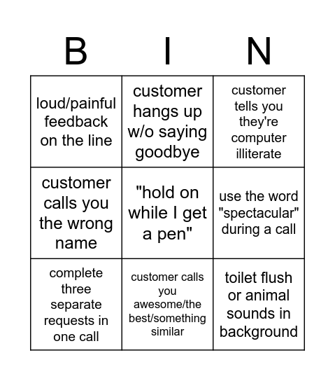 Customer Service Bingo Card