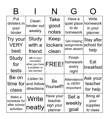 Get Organized Bingo Card