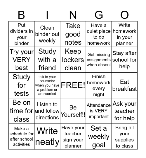 Get Organized Bingo Card