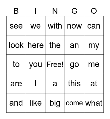 Sight words 1 Bingo Card